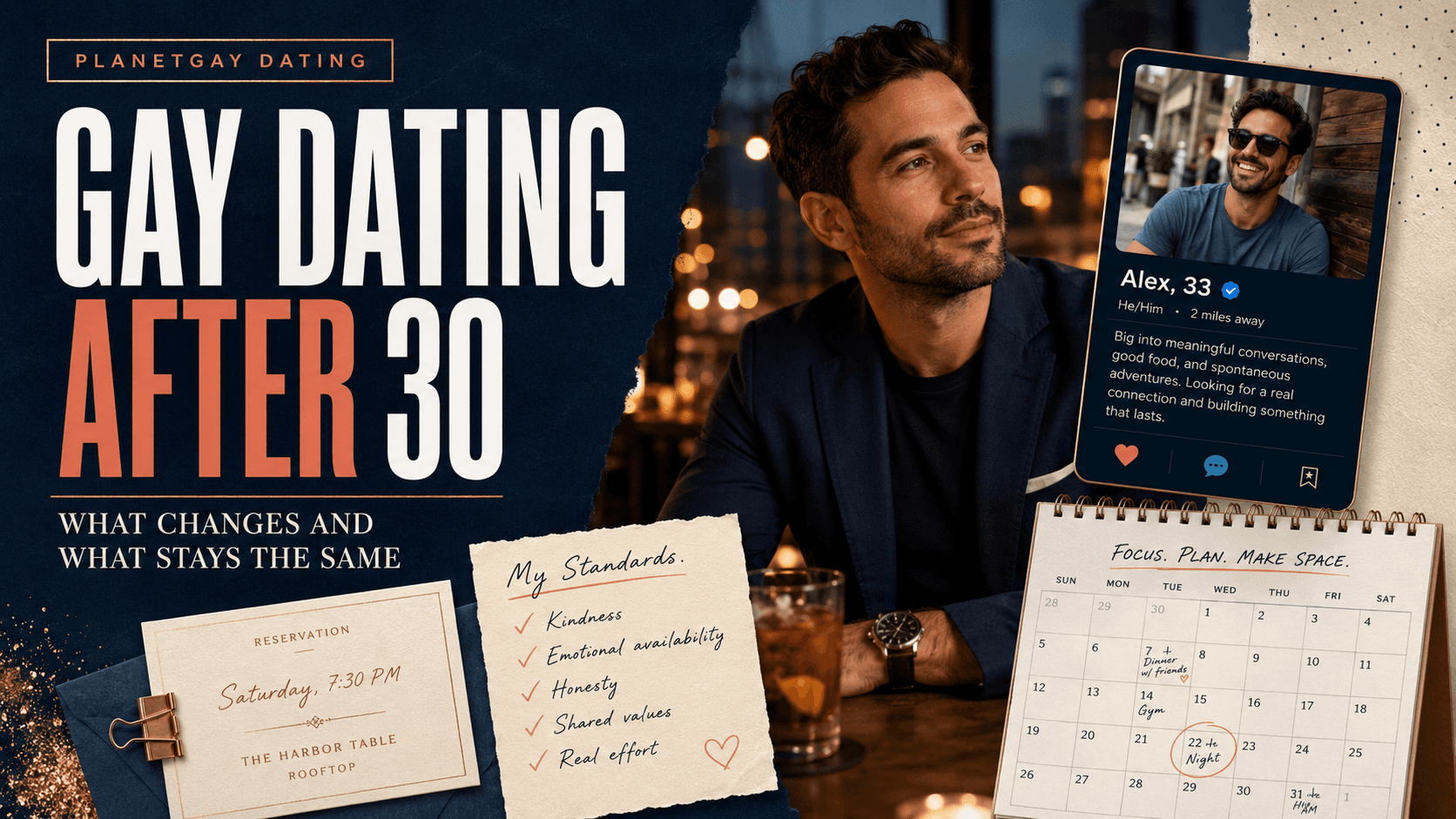 Editorial artwork on gay dating after 30.