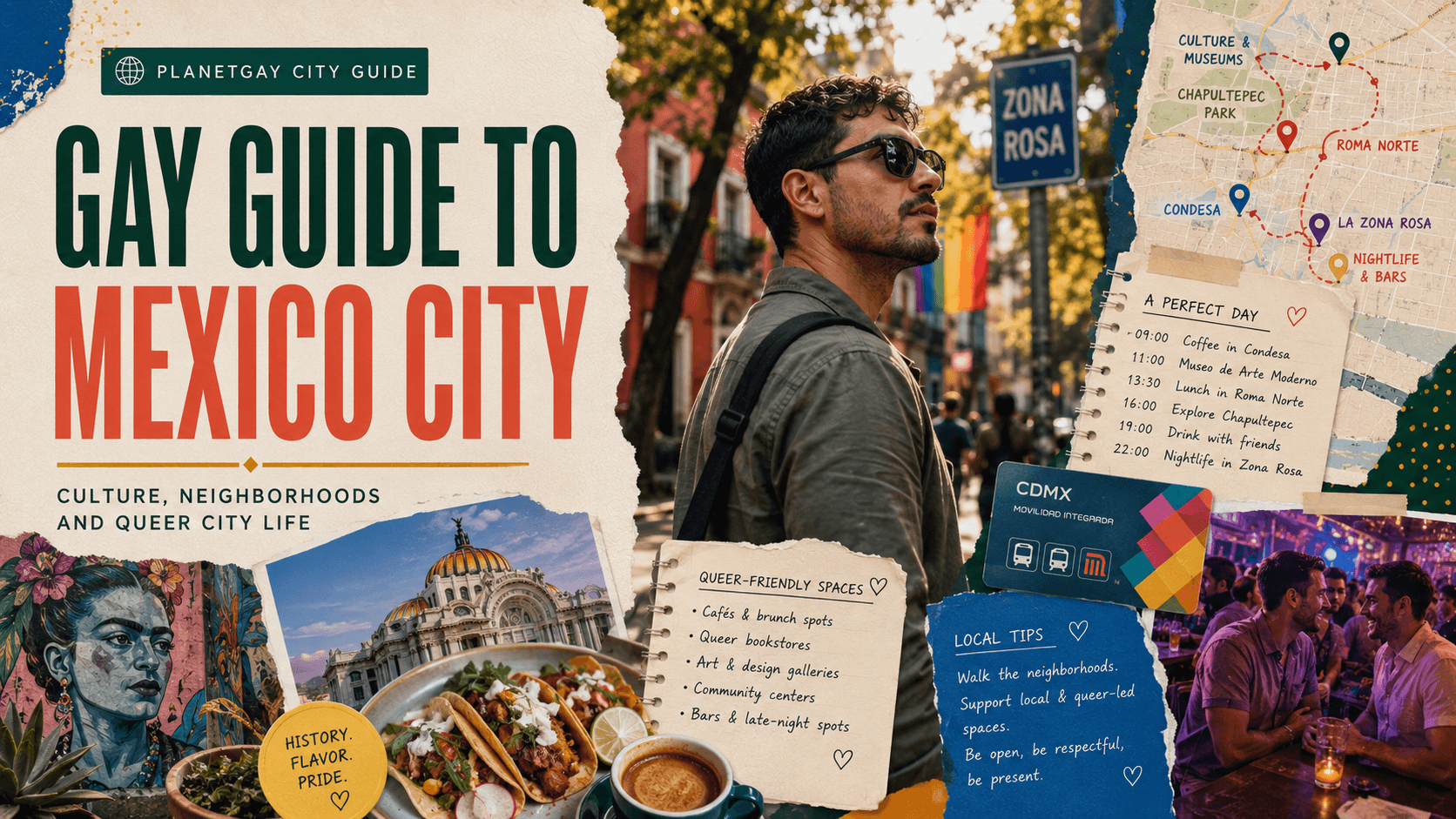Illustrated guide artwork for LGBTQ+ life in Mexico City.