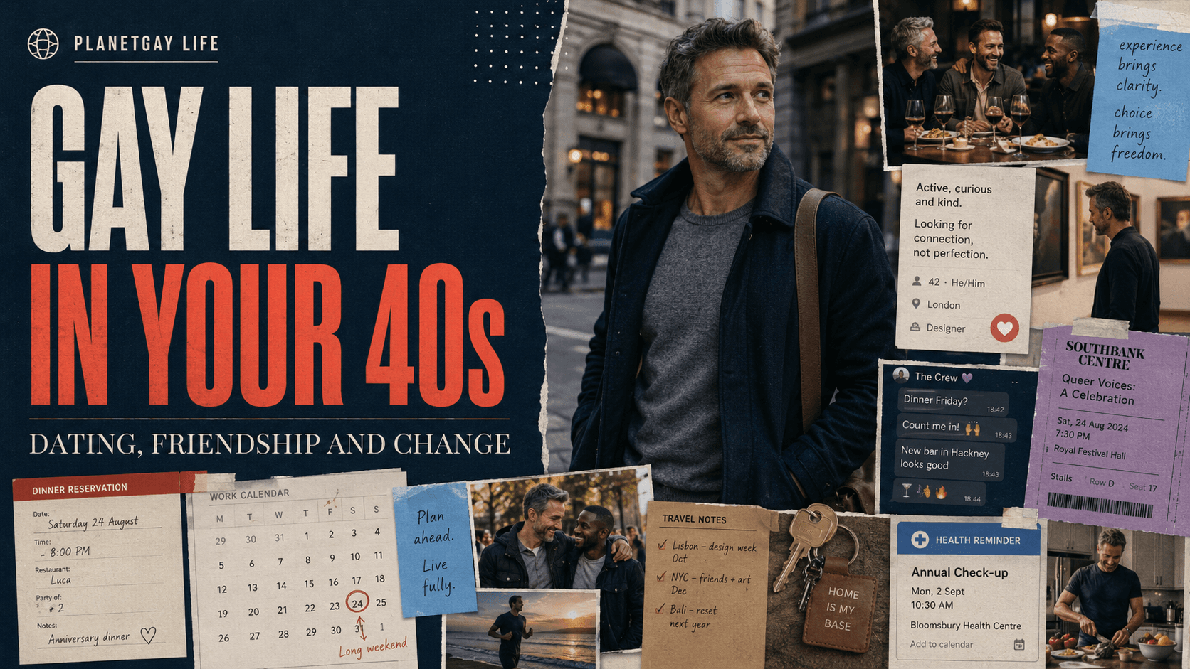 Editorial artwork on gay life in your 40s — dating, friendship and change