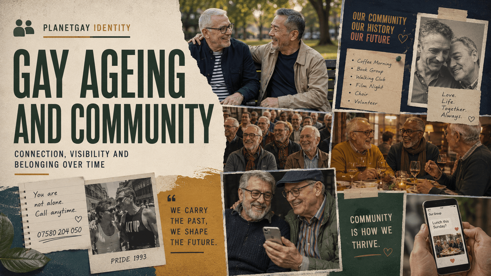 Editorial collage on ageing, community and health for gay men.