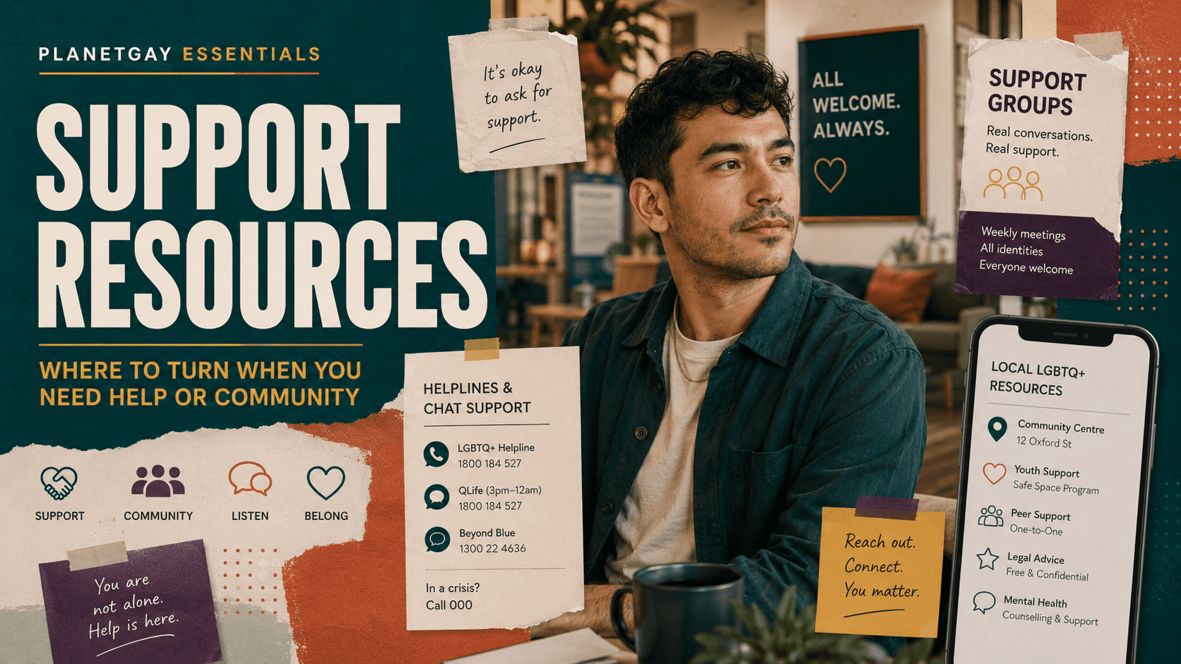 An editorial illustration for LGBTQ+ Support Resources: Where to Find Help and Community