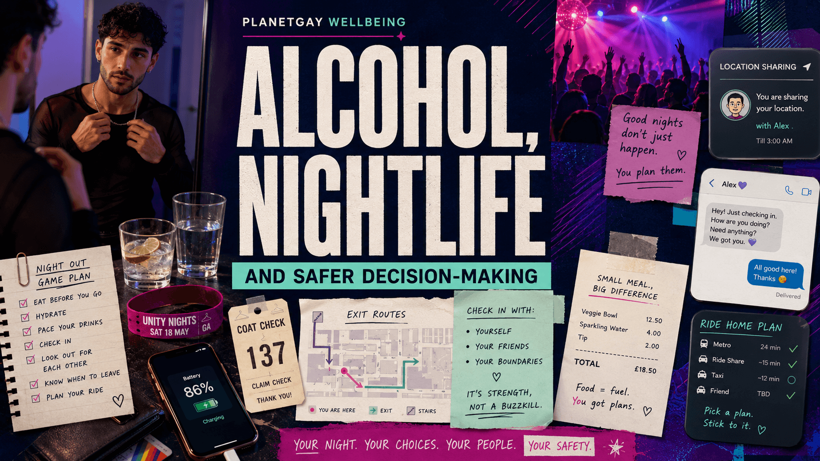 Editorial artwork on alcohol, nightlife and safer decision-making