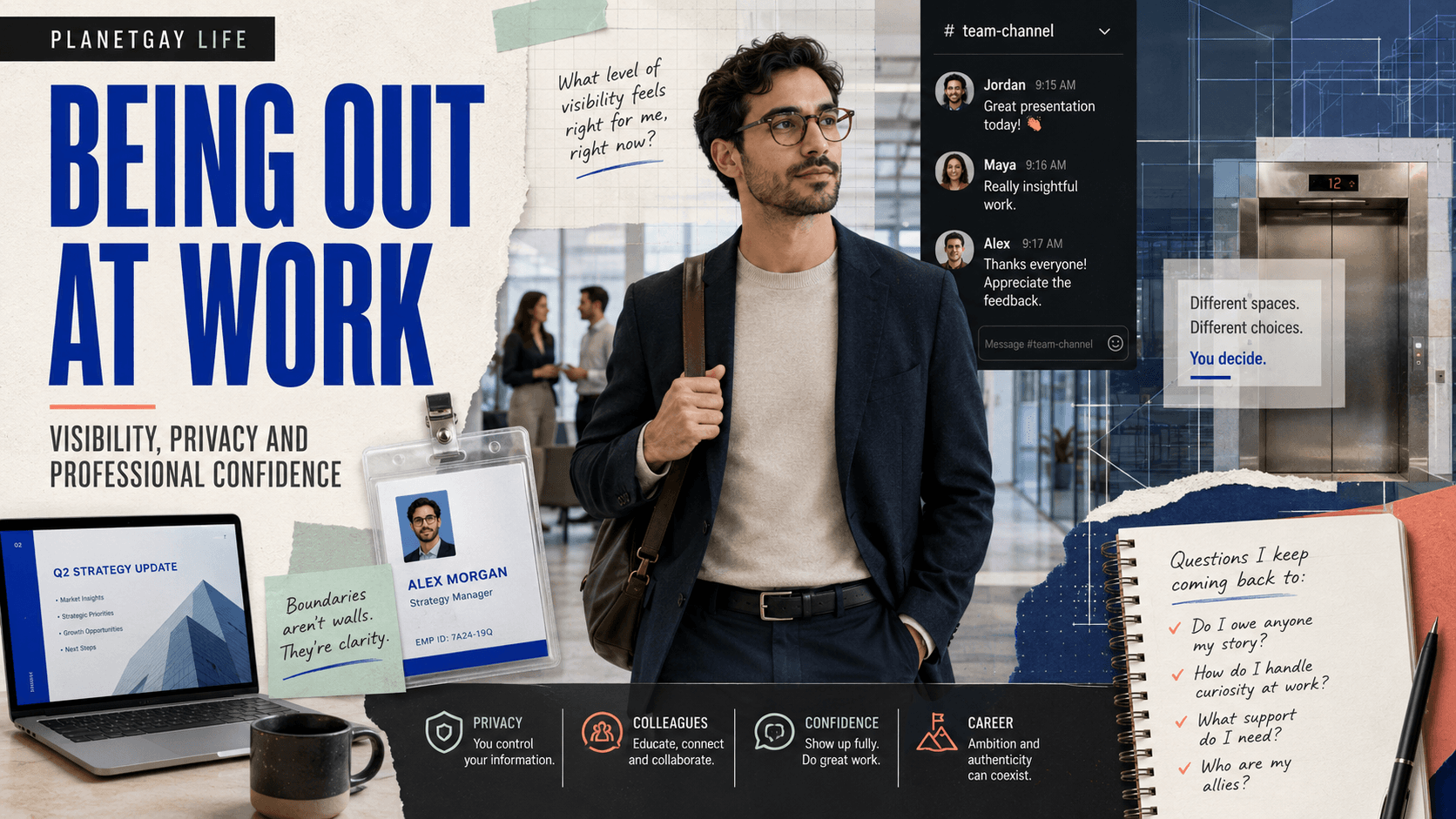Editorial collage on being out at work and everyday professional life.