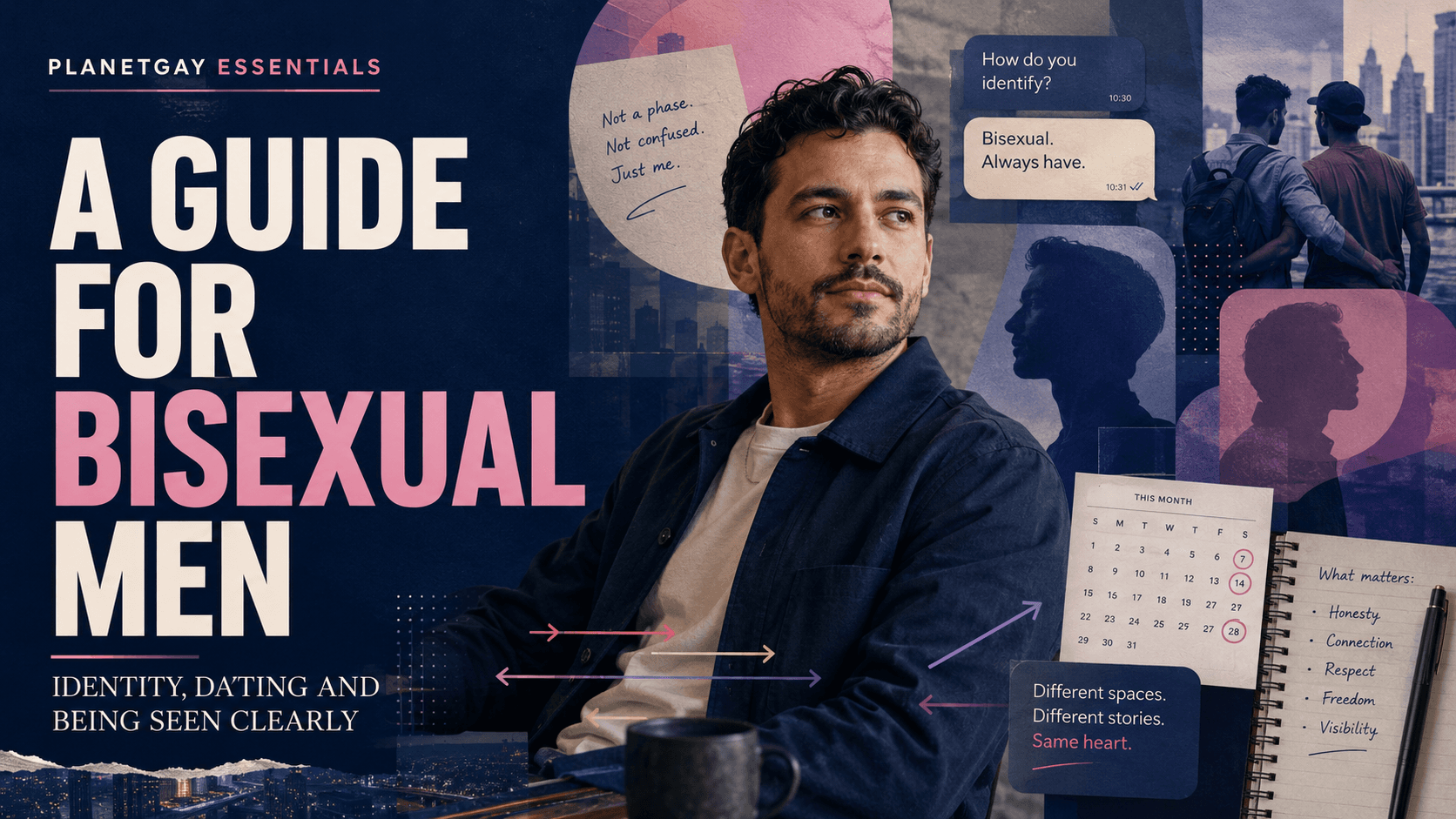 An editorial illustration for A Practical Guide for Bisexual Men: Identity, Dating and Visibility