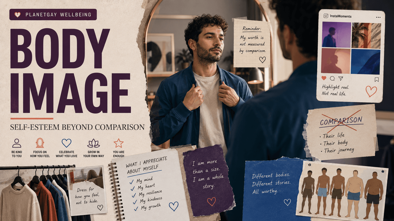 Editorial collage exploring body image and self-acceptance for gay men.