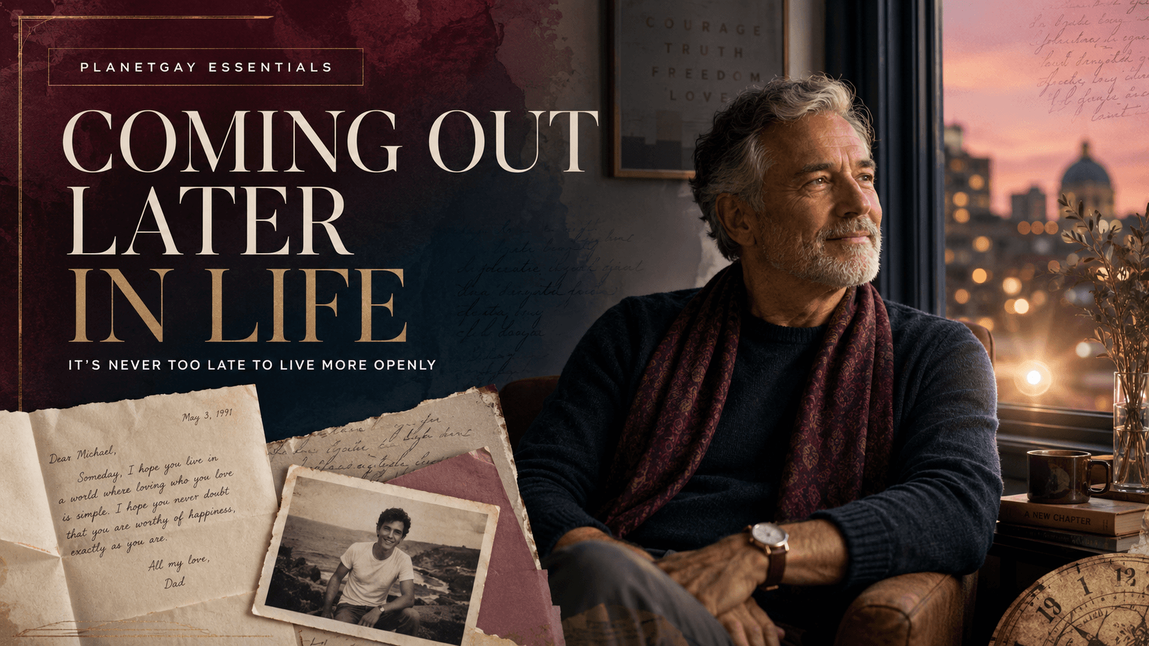 Reflective editorial artwork about coming out later in life.