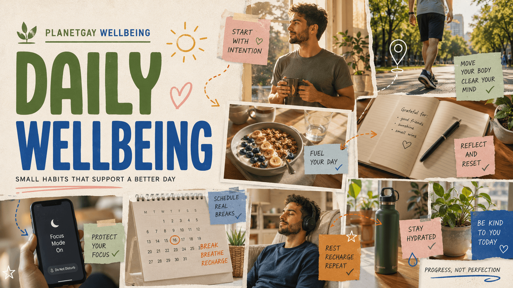 An editorial illustration for Daily Wellbeing Habits for Gay and Bi Men