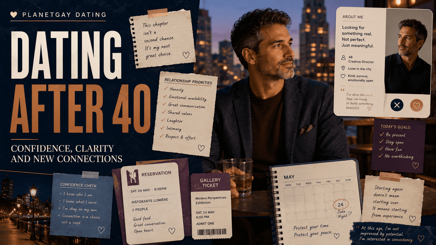An editorial illustration for Gay Dating After 40: What Changes and What Doesn't