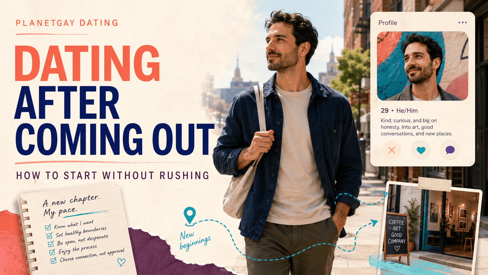 Editorial artwork on dating after coming out as gay or bisexual.