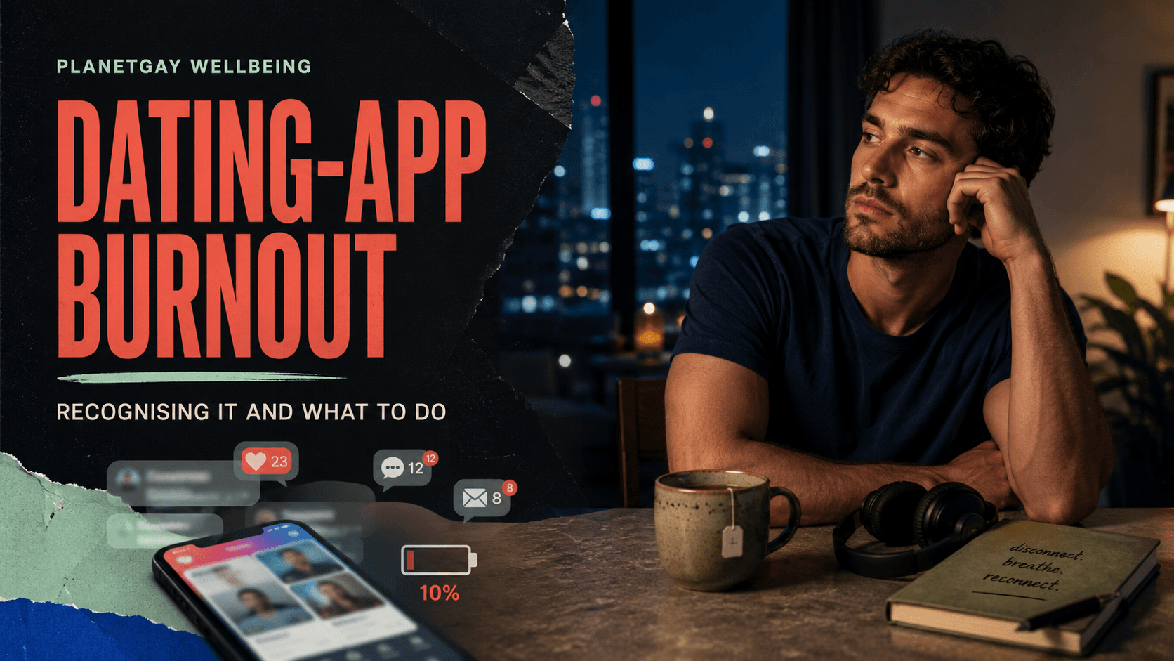 Editorial artwork on dating app burnout and mental wellbeing for gay men.