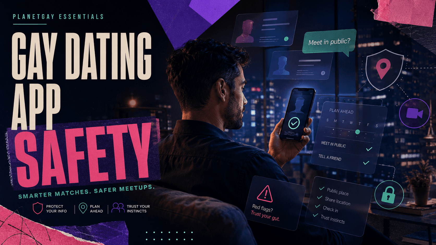 Editorial artwork on dating-app safety for gay men.