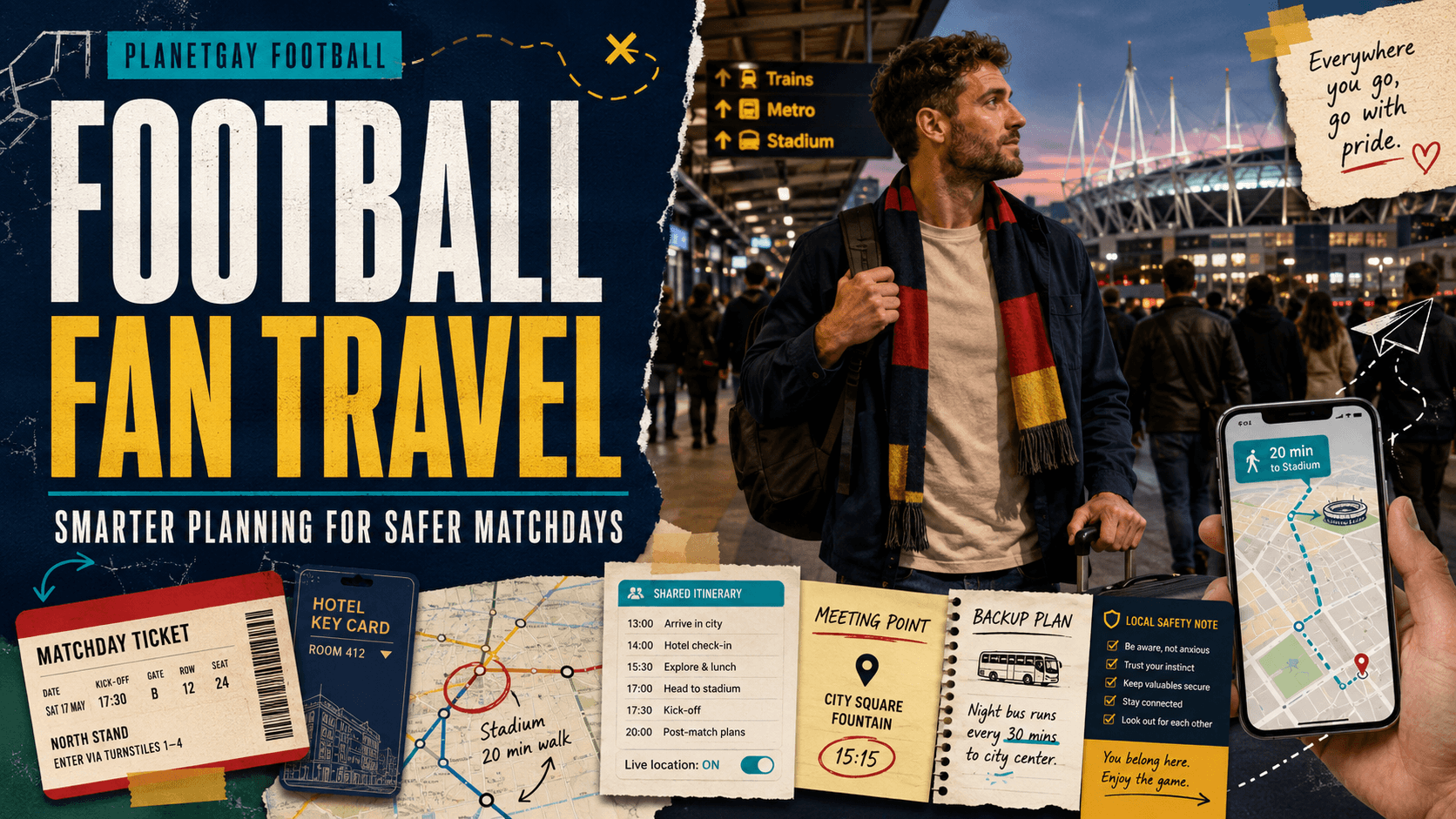 An editorial illustration for Football Fan Travel Safety for LGBTQ+ Supporters