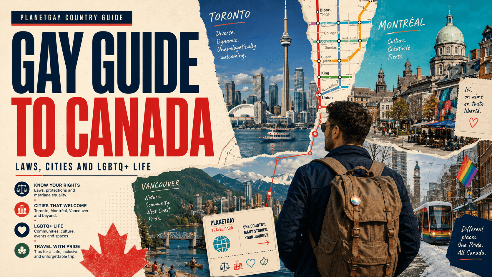Editorial country-guide artwork: Gay Guide to Canada โ laws, cities and LGBTQ+ life