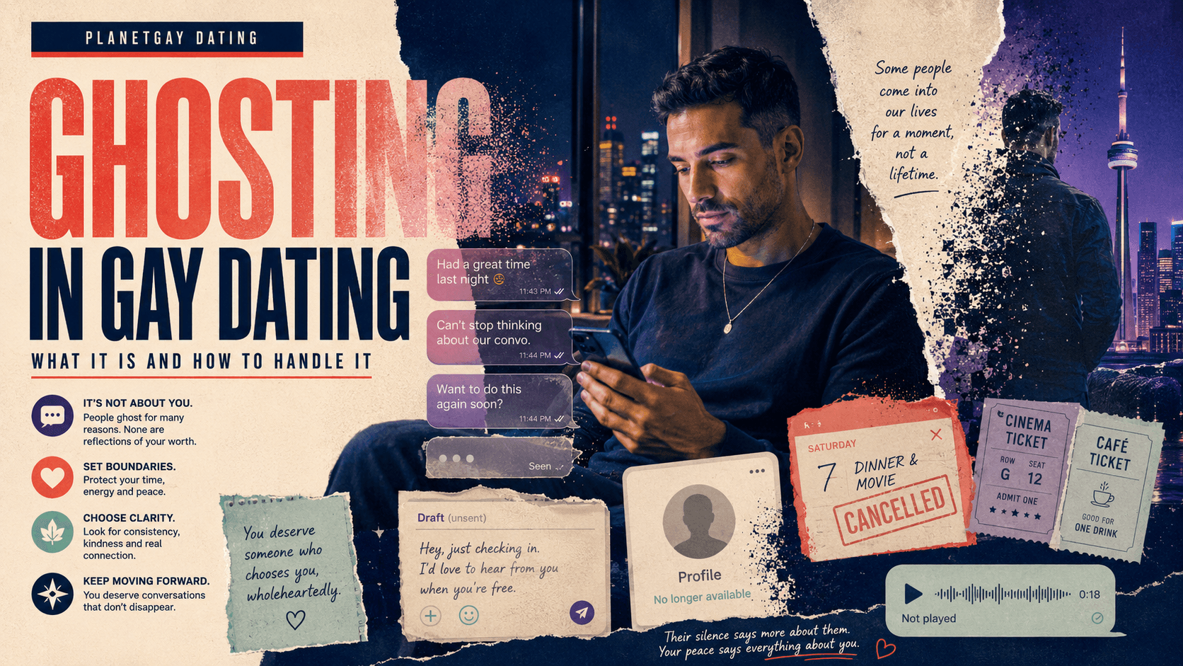 Editorial artwork on ghosting in gay dating and how to handle it