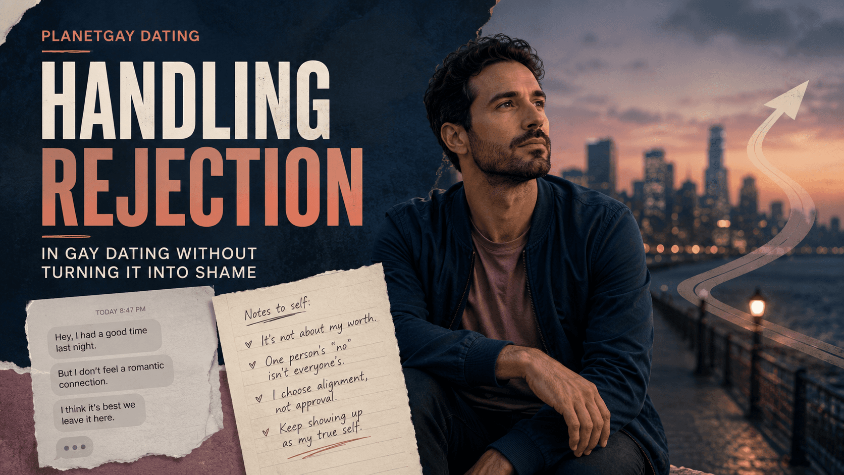 Editorial artwork on handling rejection in gay dating without shame.