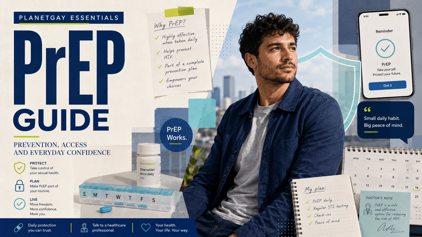 Editorial artwork explaining PrEP for gay and bisexual men.