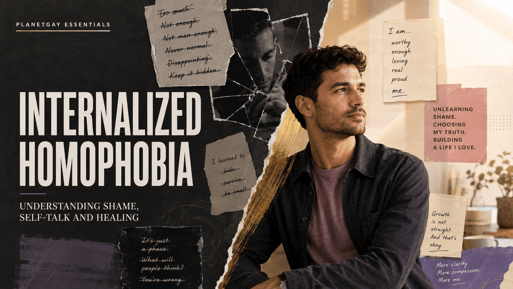 Editorial artwork on recognising and working through internalized homophobia.