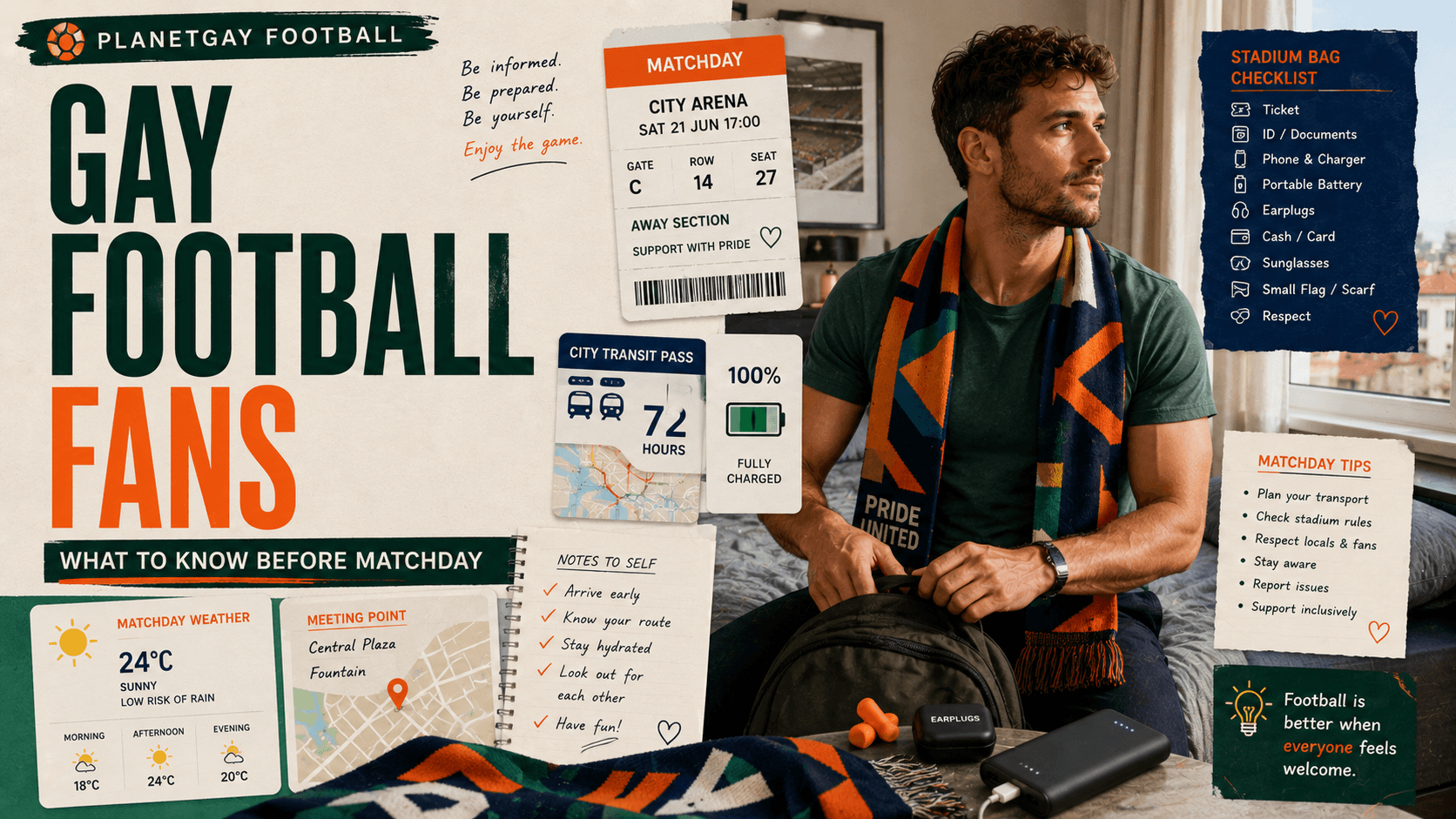 Editorial artwork for LGBTQ+ football fans preparing for matchday.