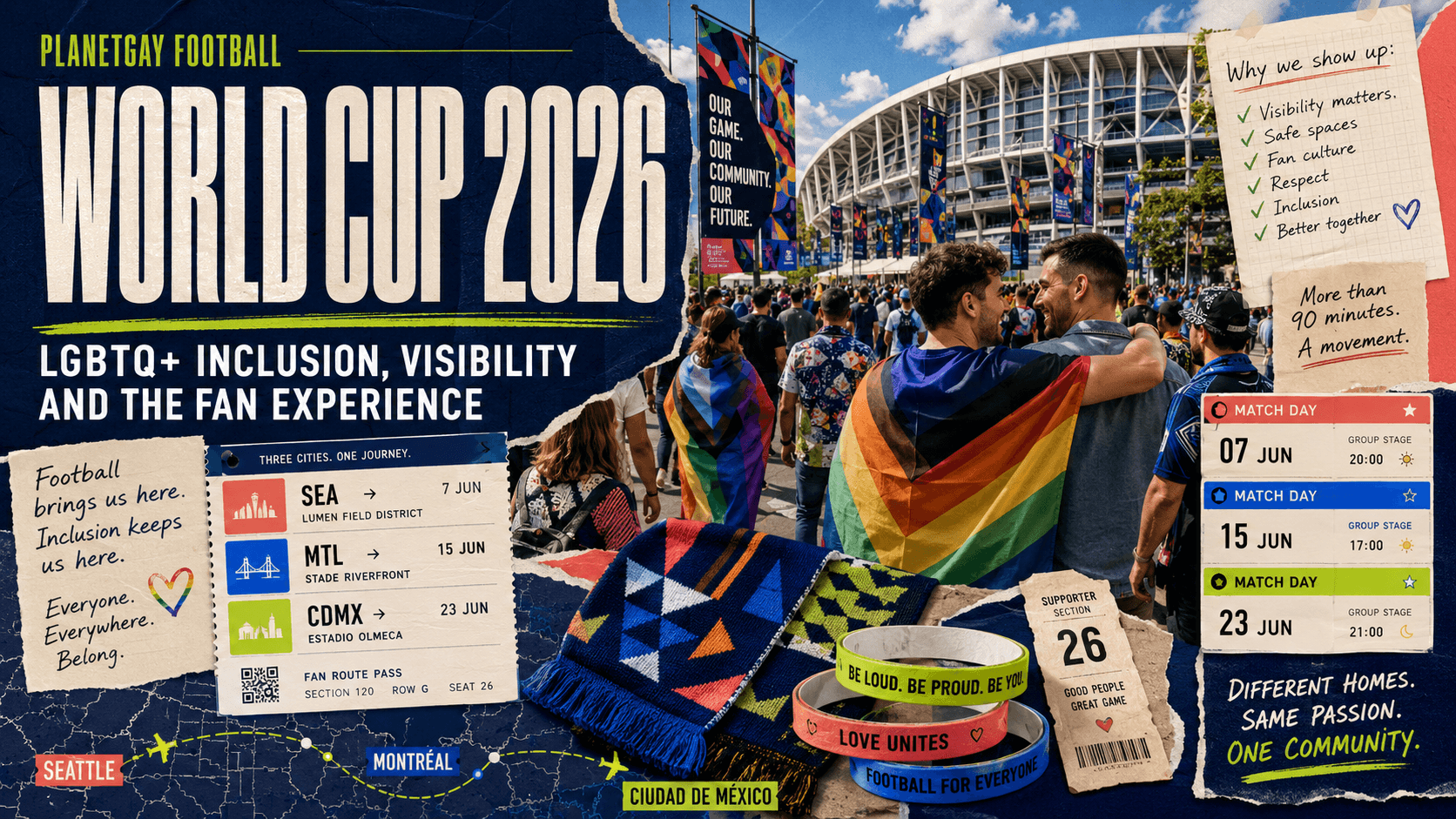 Editorial collage on LGBTQ+ fan life across 2026 World Cup host cities.