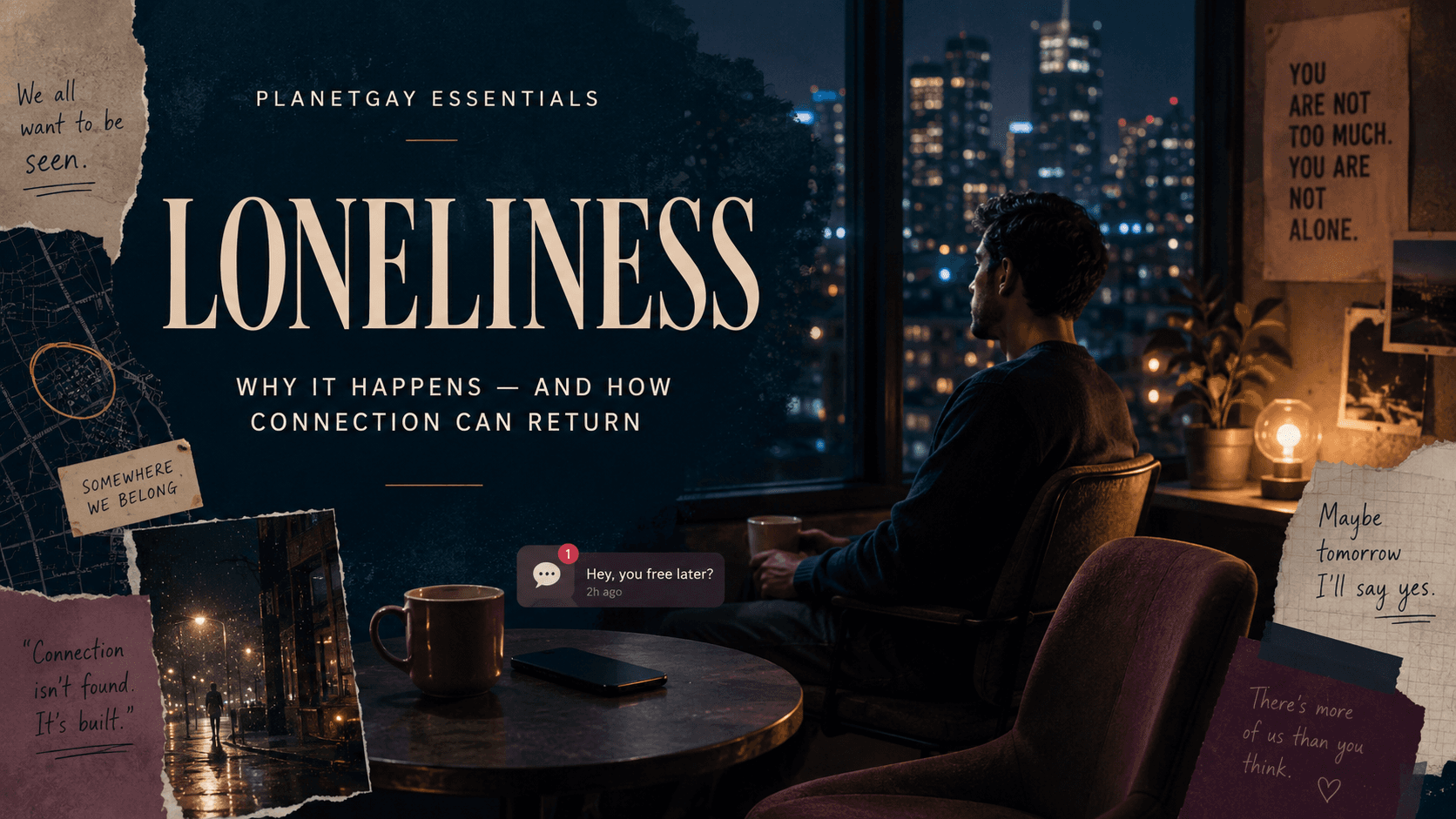 Editorial artwork on LGBTQ+ loneliness and finding connection.