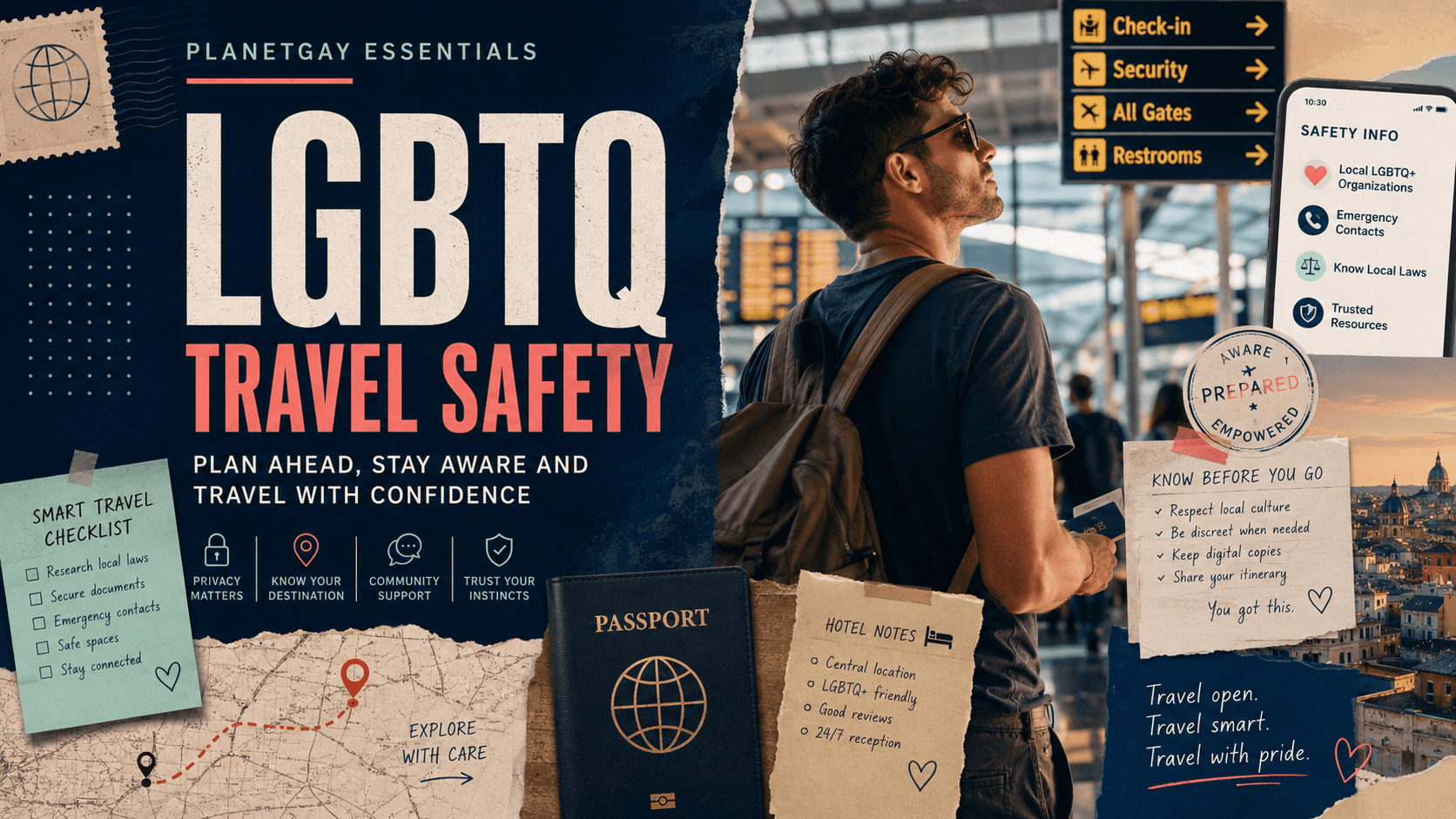 Editorial artwork on checking safety, laws and culture before LGBTQ+ travel.