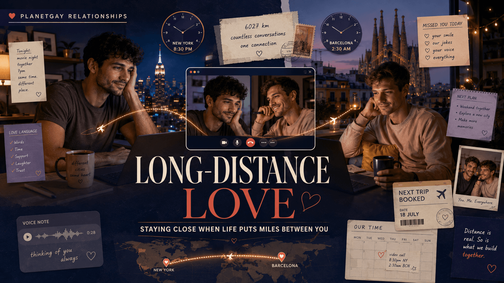 An editorial illustration for Long-Distance Gay Relationships: Staying Close Across Miles