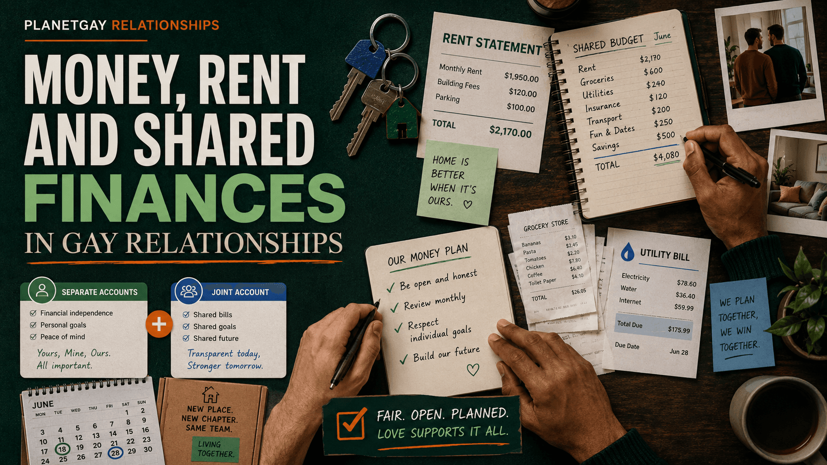 Editorial artwork on money, rent and shared finances in gay relationships