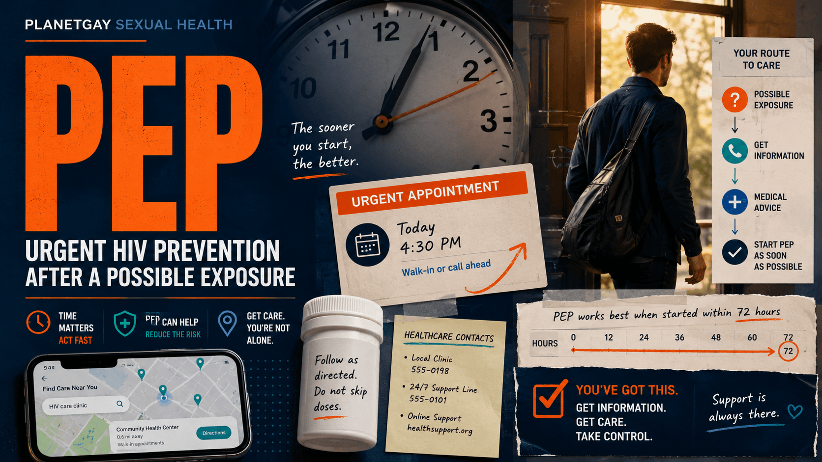 Editorial sexual-health artwork on PEP, urgent HIV prevention after a possible exposure