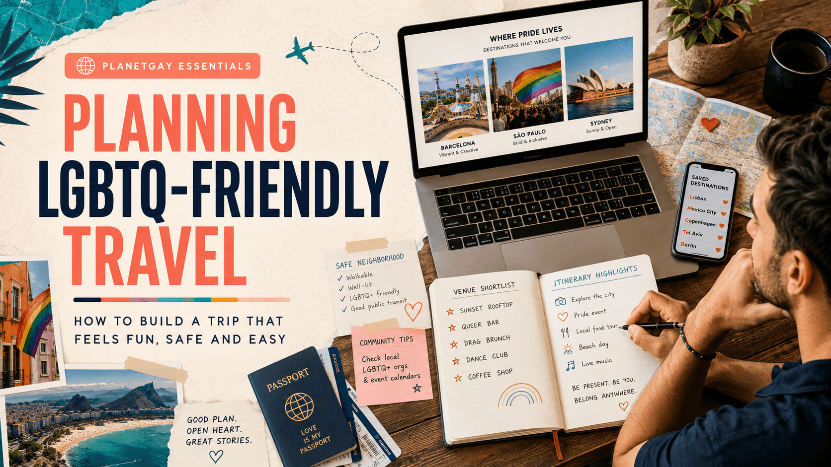 An editorial illustration for Planning LGBTQ+-Friendly Travel: Safety, Comfort and Community