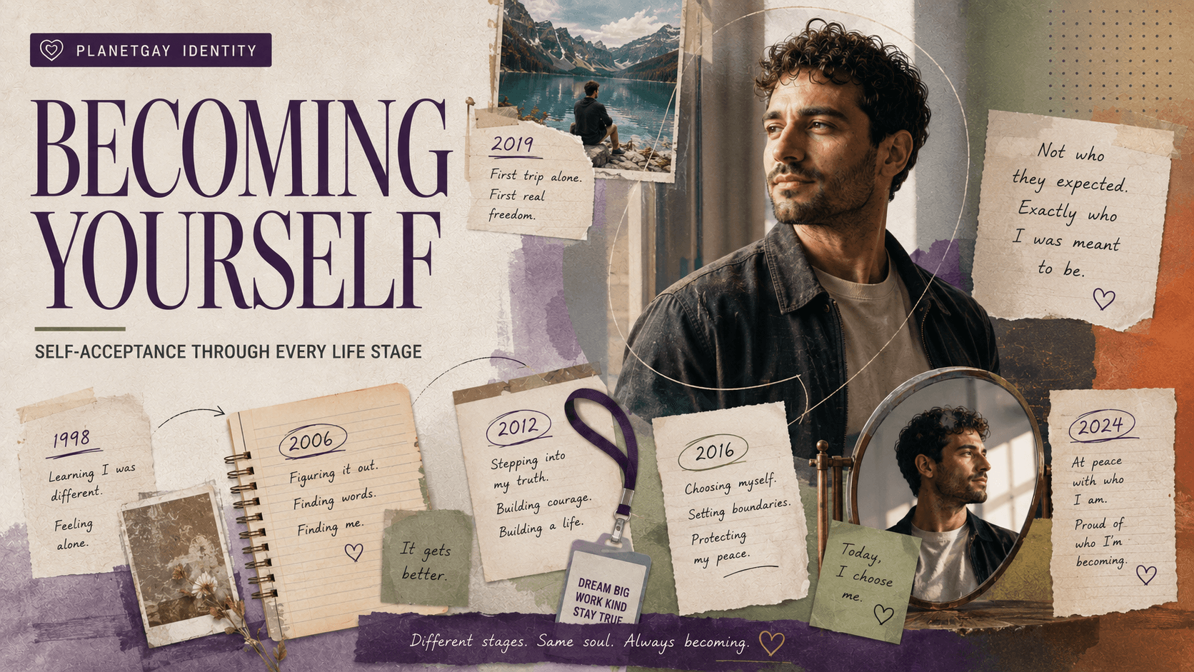 An editorial illustration for Becoming Yourself: Self-Acceptance Across the Life Stages