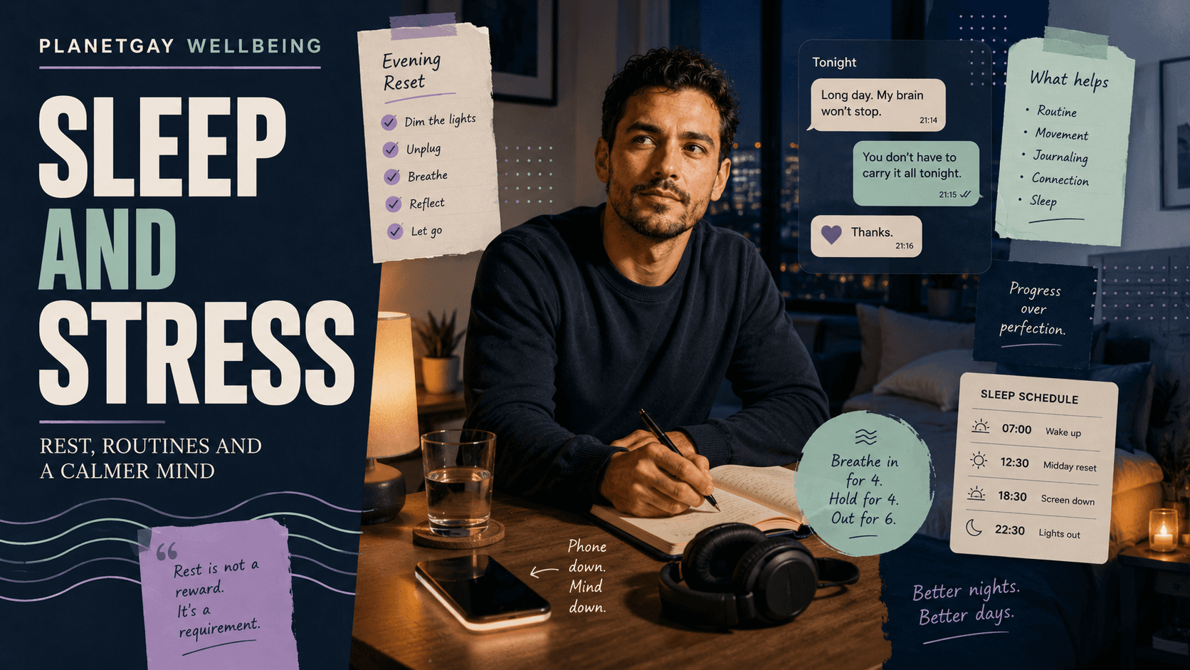 Editorial collage on sleep, stress and dating-app habits.