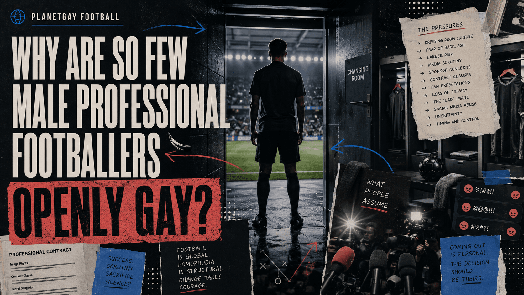 Editorial artwork asking why so few male professional footballers are openly gay