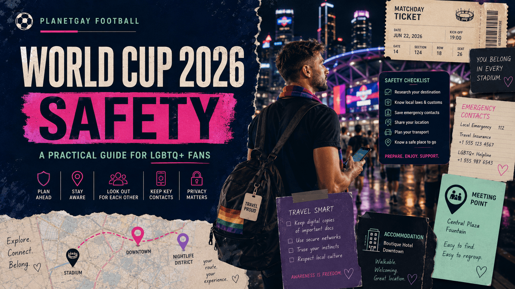 An editorial illustration for World Cup 2026 Safety for LGBTQ+ Fans
