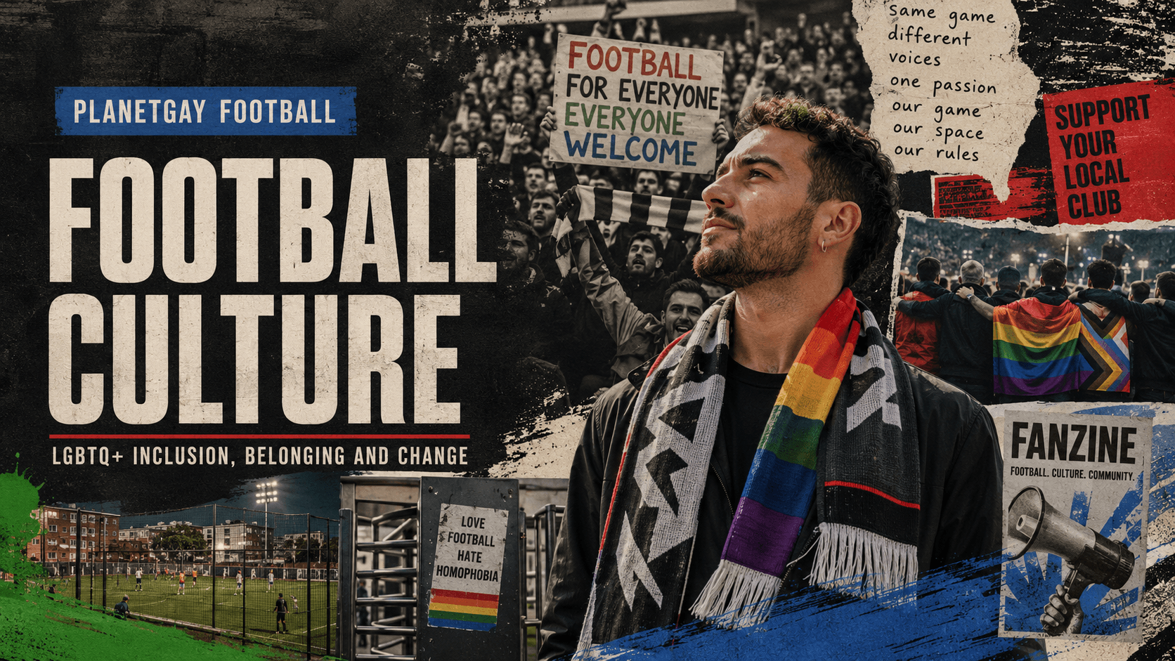 Editorial collage on football culture, LGBTQ+ inclusion and belonging.